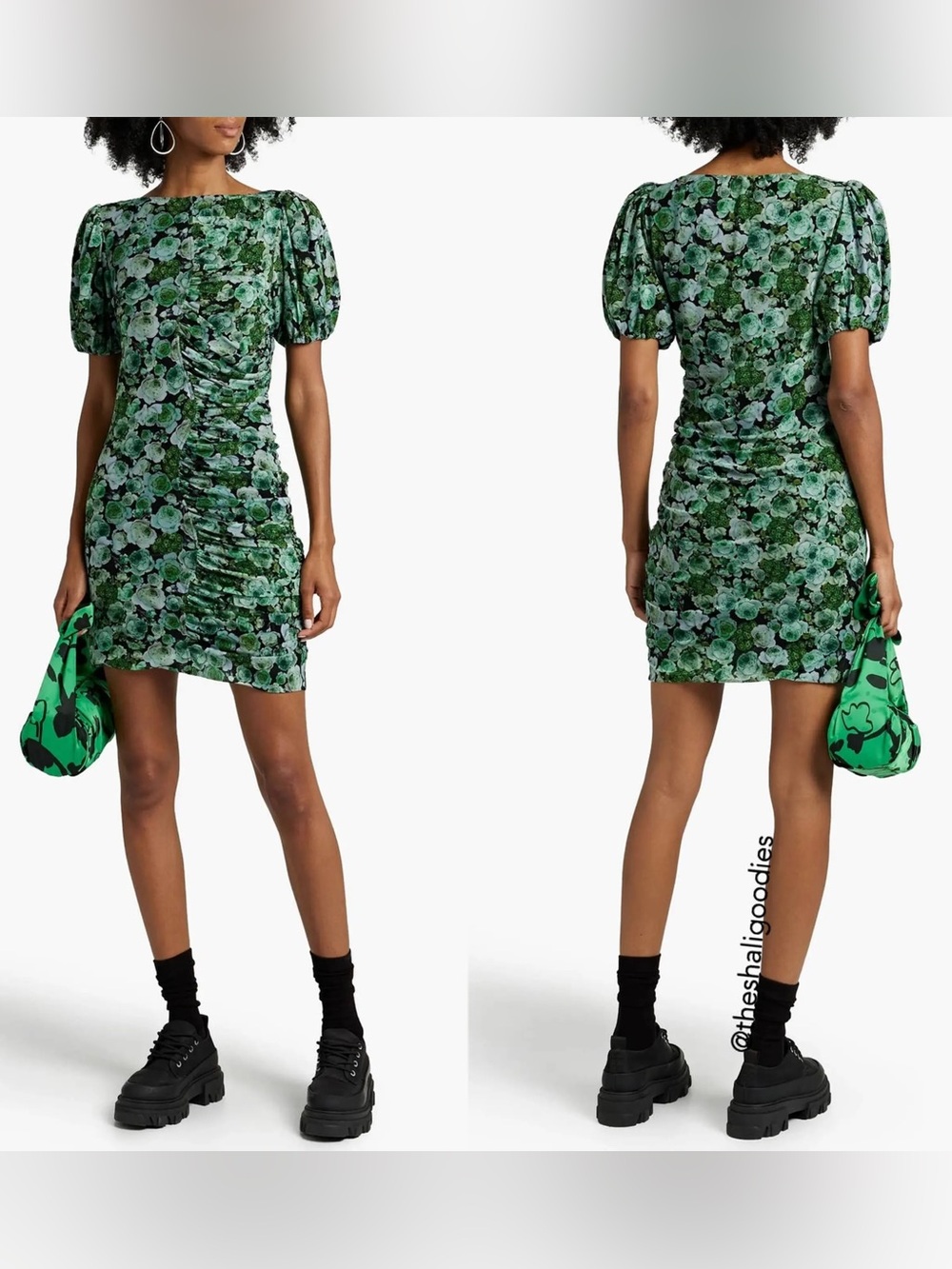 GANNI Floral Mesh Ruched Mini Dress Green